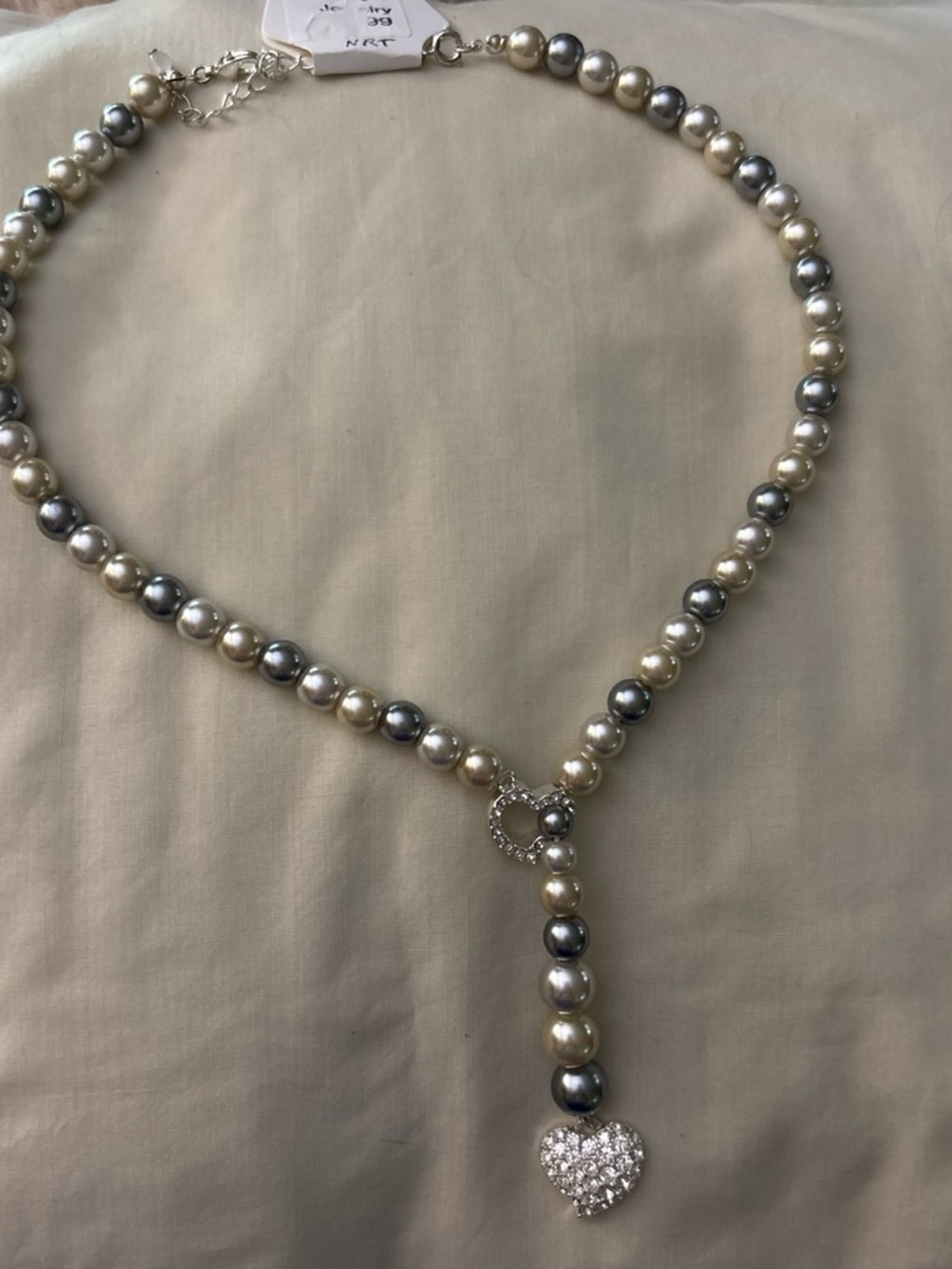 Avon Vintage Silver & Cream Pearl Y-Necklace with Heart Pendant